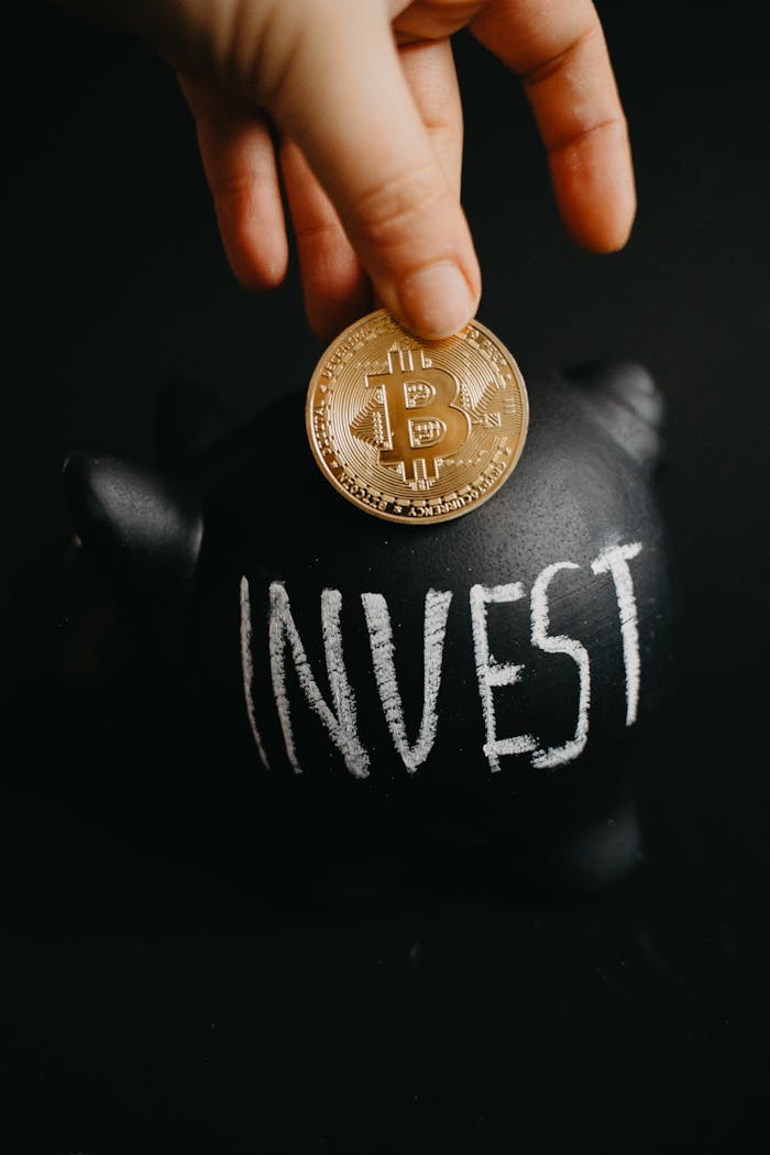 services-03 Gold bitcoin inserted into a black piggy bank labeled 'Invest', symbolizing cryptocurrency saving.